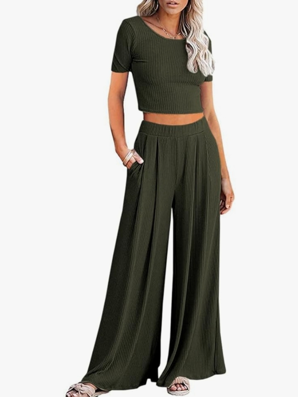 Source Unknown Olive Green Wide-Leg Ribbed Knit Pants Set